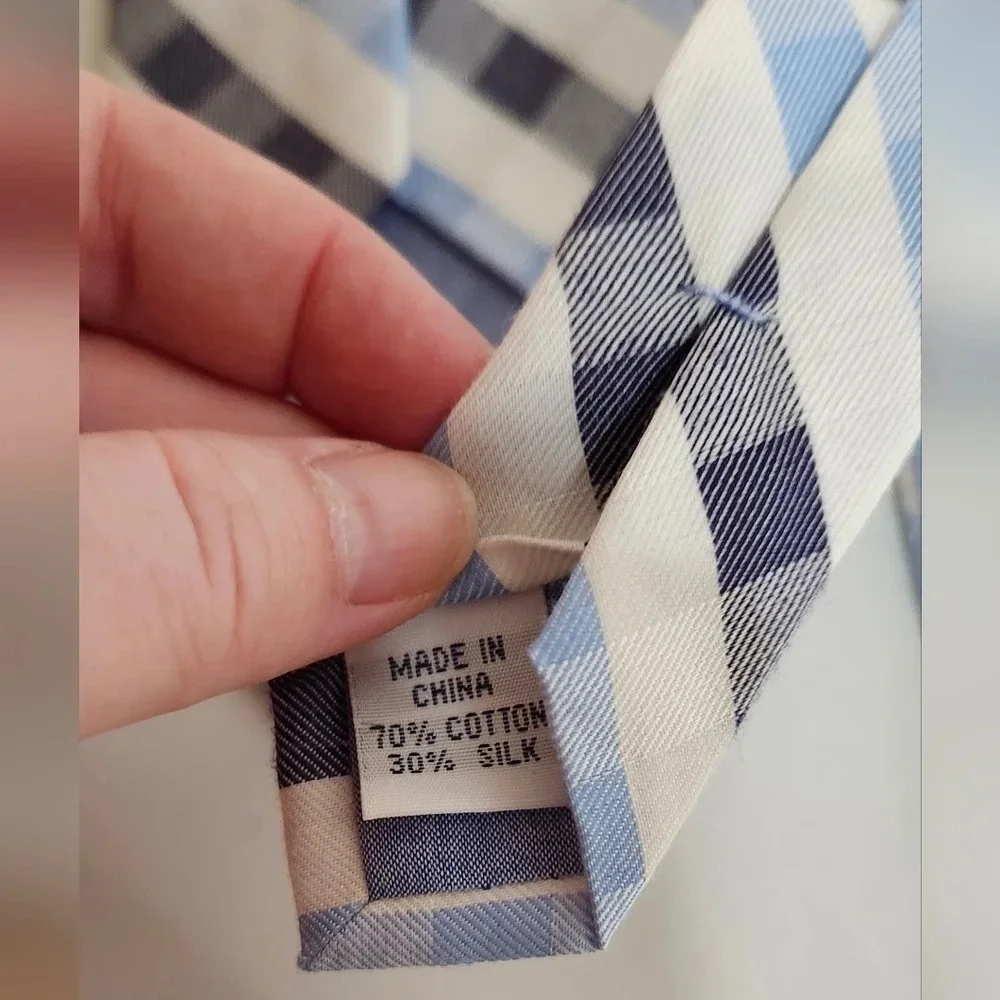IZOD Tie Navy Light Blue‎ White Plaid Silk Cotton Blend Preppy Aademia Event